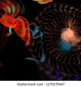 Vector illustration of a colorful wireframe structure formed by the interweaving of smoothly curved lines. A complex plexus backdrop resembling a fractal pattern. Crazy art concept.