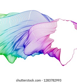 Vector illustration of a colorful wireframe structure formed by the interweaving of smoothly curved lines against white background. A complex plexus backdrop.