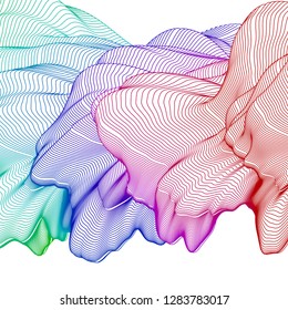 Vector illustration of a colorful wireframe structure formed by the interweaving of smoothly curved lines against white background. A complex plexus backdrop.