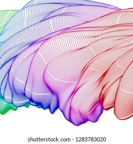 Vector illustration of a colorful wireframe structure formed by the interweaving of smoothly curved lines against white background. A complex plexus backdrop.