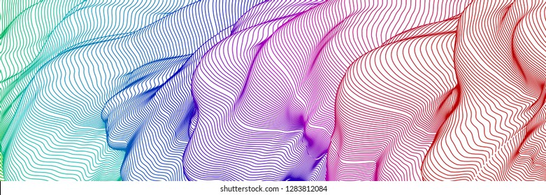 Vector illustration of a colorful wireframe structure formed by the interweaving of smoothly curved lines against white background. A complex plexus backdrop.