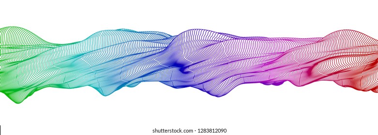 Vector illustration of a colorful wireframe structure formed by the interweaving of smoothly curved lines against white background. A complex plexus backdrop.