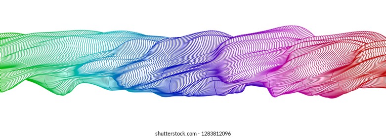 Vector illustration of a colorful wireframe structure formed by the interweaving of smoothly curved lines against white background. A complex plexus backdrop.