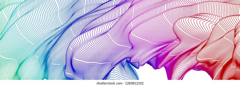 Vector illustration of a colorful wireframe structure formed by the interweaving of smoothly curved lines against white background. A complex plexus backdrop.
