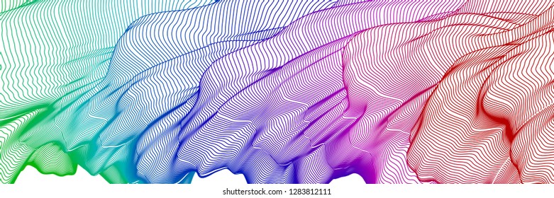 Vector illustration of a colorful wireframe structure formed by the interweaving of smoothly curved lines against white background. A complex plexus backdrop.