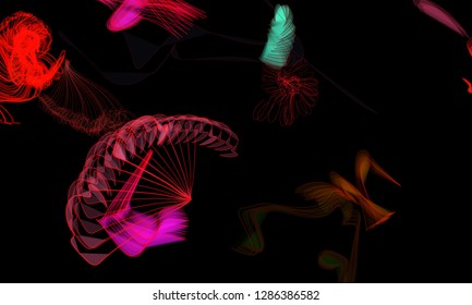 Vector illustration of a colorful wireframe structure formed by the interweaving of smoothly curved lines. A complex plexus backdrop resembling a fractal pattern. Crazy art concept.