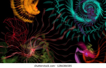 Vector illustration of a colorful wireframe structure formed by the interweaving of smoothly curved lines. A complex plexus backdrop resembling a fractal pattern. Crazy art concept.