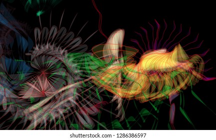 Vector illustration of a colorful wireframe structure formed by the interweaving of smoothly curved lines. A complex plexus backdrop resembling a fractal pattern. Crazy art concept.