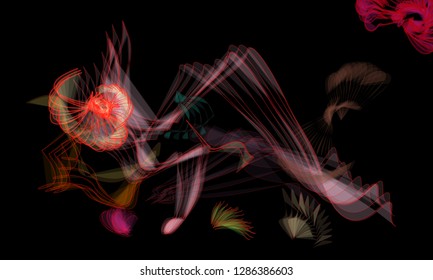 Vector illustration of a colorful wireframe structure formed by the interweaving of smoothly curved lines. A complex plexus backdrop resembling a fractal pattern. Crazy art concept.