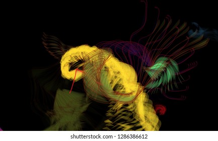 Vector illustration of a colorful wireframe structure formed by the interweaving of smoothly curved lines. A complex plexus backdrop resembling a fractal pattern. Crazy art concept.