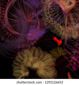 Vector illustration of a colorful wireframe structure formed by the interweaving of smoothly curved lines. A complex plexus backdrop resembling a fractal pattern. Crazy art concept.