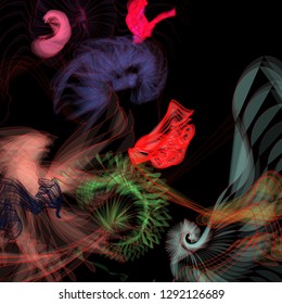 Vector illustration of a colorful wireframe structure formed by the interweaving of smoothly curved lines. A complex plexus backdrop resembling a fractal pattern. Crazy art concept.