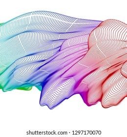 Vector illustration of a colorful wireframe structure formed by the interweaving of smoothly curved lines. A complex plexus backdrop.