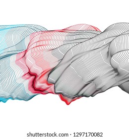 Vector illustration of a colorful wireframe structure formed by the interweaving of smoothly curved lines. A complex plexus backdrop.
