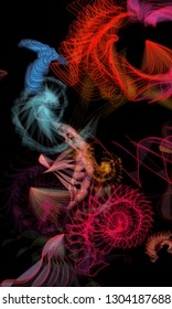 Vector illustration of a colorful wireframe structure formed by the interweaving of smoothly curved lines. A complex plexus backdrop resembling a fractal pattern. Crazy art concept.
