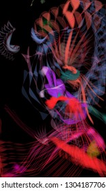 Vector illustration of a colorful wireframe structure formed by the interweaving of smoothly curved lines. A complex plexus backdrop resembling a fractal pattern. Crazy art concept.