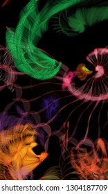 Vector illustration of a colorful wireframe structure formed by the interweaving of smoothly curved lines. A complex plexus backdrop resembling a fractal pattern. Crazy art concept.