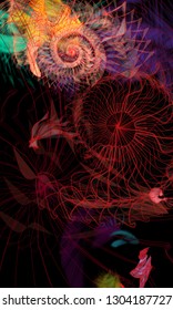 Vector illustration of a colorful wireframe structure formed by the interweaving of smoothly curved lines. A complex plexus backdrop resembling a fractal pattern. Crazy art concept.