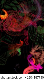 Vector illustration of a colorful wireframe structure formed by the interweaving of smoothly curved lines. A complex plexus backdrop resembling a fractal pattern. Crazy art concept.