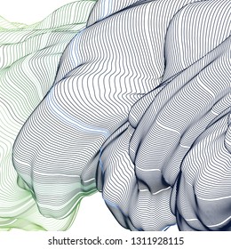 Vector illustration of a colorful wireframe structure formed by the interweaving of smoothly curved lines against white background. A complex plexus backdrop. Abstract wavy surface.