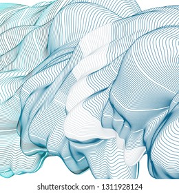 Vector illustration of a colorful wireframe structure formed by the interweaving of smoothly curved lines against white background. A complex plexus backdrop. Abstract wavy surface.