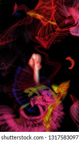 Vector illustration of a colorful wireframe structure formed by the interweaving of smoothly curved lines. A complex plexus backdrop resembling a fractal pattern. Crazy art concept.