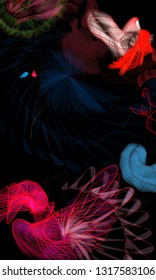 Vector illustration of a colorful wireframe structure formed by the interweaving of smoothly curved lines. A complex plexus backdrop resembling a fractal pattern. Crazy art concept.