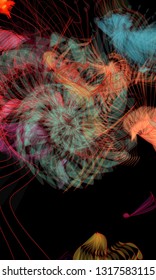 Vector illustration of a colorful wireframe structure formed by the interweaving of smoothly curved lines. A complex plexus backdrop resembling a fractal pattern. Crazy art concept.