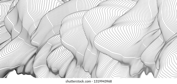 Vector illustration of a colorful wireframe structure formed by the interweaving of smoothly curved lines. A complex plexus backdrop.