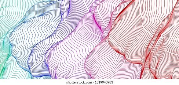 Vector illustration of a colorful wireframe structure formed by the interweaving of smoothly curved lines. A complex plexus backdrop.