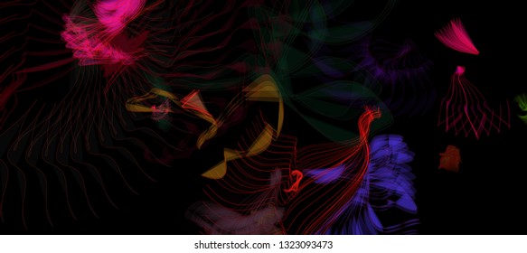 Vector illustration of a colorful wireframe structure formed by the interweaving of smoothly curved lines. A complex plexus backdrop. The image format is suitable for printing on a mug.