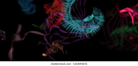 Vector illustration of a colorful wireframe structure formed by the interweaving of smoothly curved lines. A complex plexus backdrop. The image format is suitable for printing on a mug.