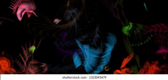Vector illustration of a colorful wireframe structure formed by the interweaving of smoothly curved lines. A complex plexus backdrop. The image format is suitable for printing on a mug.