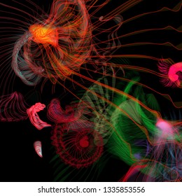 Vector illustration of a colorful wireframe structure formed by the interweaving of smoothly curved lines. A complex plexus backdrop resembling a fractal pattern. Crazy art concept.