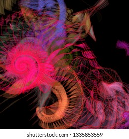 Vector illustration of a colorful wireframe structure formed by the interweaving of smoothly curved lines. A complex plexus backdrop resembling a fractal pattern. Crazy art concept.