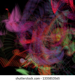 Vector illustration of a colorful wireframe structure formed by the interweaving of smoothly curved lines. A complex plexus backdrop resembling a fractal pattern. Crazy art concept.