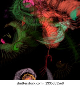 Vector illustration of a colorful wireframe structure formed by the interweaving of smoothly curved lines. A complex plexus backdrop resembling a fractal pattern. Crazy art concept.