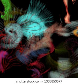 Vector illustration of a colorful wireframe structure formed by the interweaving of smoothly curved lines. A complex plexus backdrop resembling a fractal pattern. Crazy art concept.