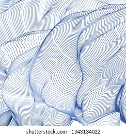 Vector illustration of a colorful wireframe structure formed by the interweaving of smoothly curved lines against white background. A complex plexus backdrop.