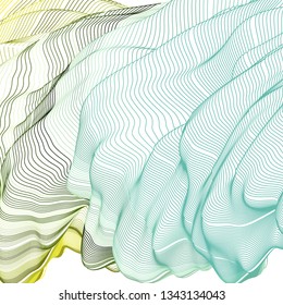 Vector illustration of a colorful wireframe structure formed by the interweaving of smoothly curved lines against white background. A complex plexus backdrop.