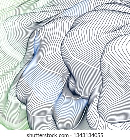 Vector illustration of a colorful wireframe structure formed by the interweaving of smoothly curved lines against white background. A complex plexus backdrop.