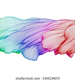 Vector illustration of a colorful wireframe structure formed by the interweaving of smoothly curved lines against white background. A complex plexus backdrop.