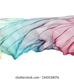 Vector illustration of a colorful wireframe structure formed by the interweaving of smoothly curved lines against white background. A complex plexus backdrop.
