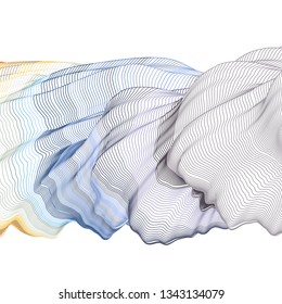 Vector illustration of a colorful wireframe structure formed by the interweaving of smoothly curved lines against white background. A complex plexus backdrop.