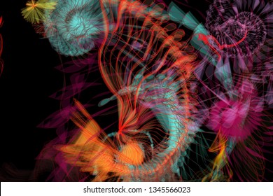 Vector illustration of a colorful wireframe structure formed by the interweaving of smoothly curved lines. A complex plexus backdrop resembling a fractal pattern. Crazy art concept.