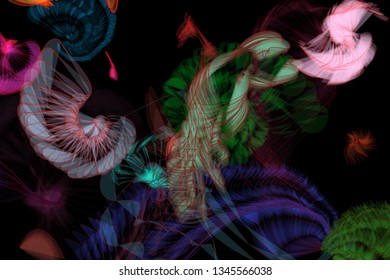 Vector illustration of a colorful wireframe structure formed by the interweaving of smoothly curved lines. A complex plexus backdrop resembling a fractal pattern. Crazy art concept.