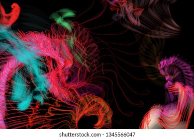 Vector illustration of a colorful wireframe structure formed by the interweaving of smoothly curved lines. A complex plexus backdrop resembling a fractal pattern. Crazy art concept.