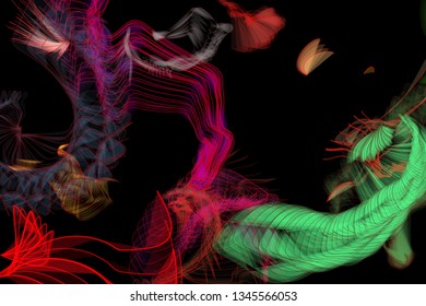 Vector illustration of a colorful wireframe structure formed by the interweaving of smoothly curved lines. A complex plexus backdrop resembling a fractal pattern. Crazy art concept.