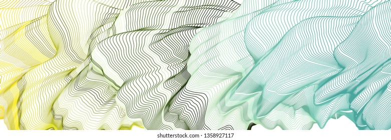 Vector illustration of a colorful wireframe structure formed by the interweaving of smoothly curved lines against white background. A complex plexus backdrop.