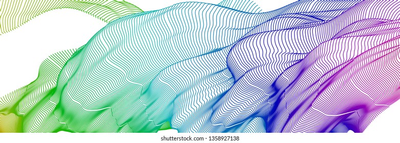 Vector illustration of a colorful wireframe structure formed by the interweaving of smoothly curved lines against white background. A complex plexus backdrop.